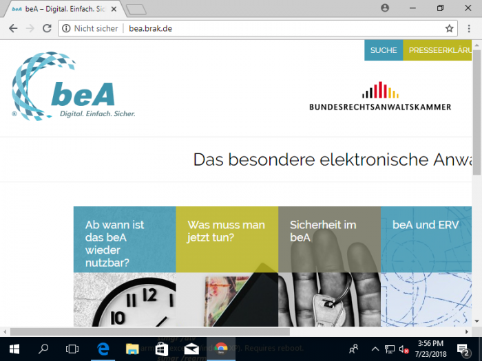 Das Besondere Elektronische Anwaltspostfach soll bald wieder online gehen, aber ist es auch sicher? Zumindest auf der Webseite heißt es ab heute "Nicht sicher". (Bild: Bea/Screenshot: Golem.de)