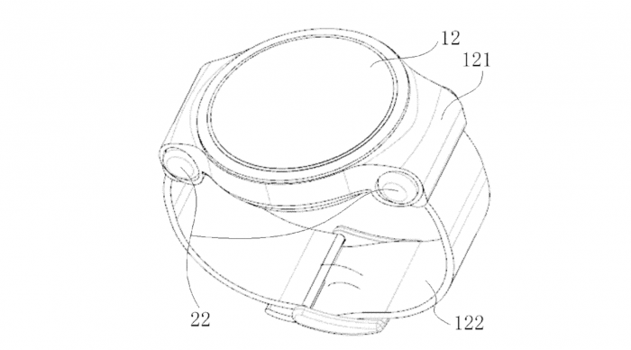 Bei diesem Smartwatch-Patent von Huawei befinden sich die Schächte für die Bluetooth-Ohrstöpsel zwischen Uhrengehäuse und Armband. (Bild: Wipo)