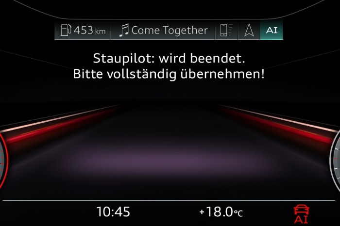 Löst sich der Stau auf, muss der Fahrer wieder das Lenkrad übernehmen. (Foto: Audi)