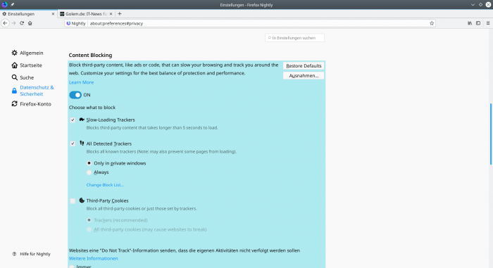 In den Einstellungen gibt es neue Optionen für den Trackingschutz.(Bild:Mozilla, Screenshot Golem.de)