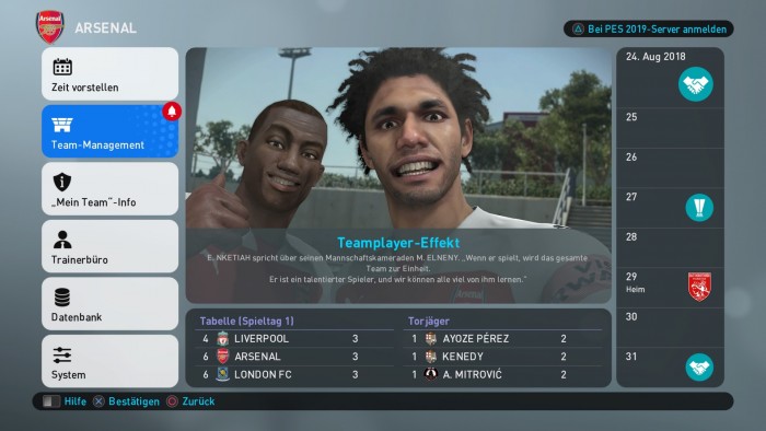 Allerdings überzeugt Konamis Fußballsimulation gerade bei der Präsentation nur begrenzt: Die Menüstrukturen wirken veraltet, und es gibt keinerlei neue Spielarten. (Bild: Konami/Screenshot: Medienagentur plassma)