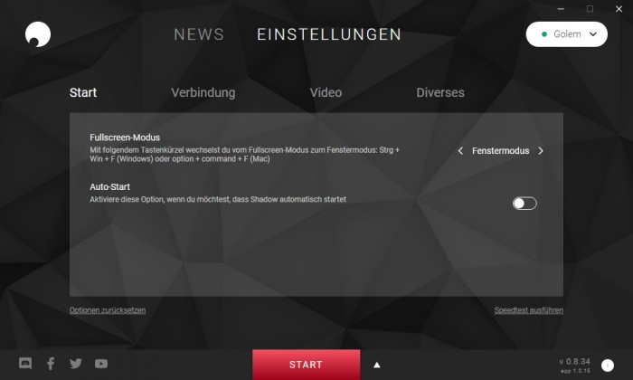 Die Anwendung von Shadow bietet einige Optionen für die Darstellungsqualität. (Bild: Shadow/Screenshot: Golem.de)
