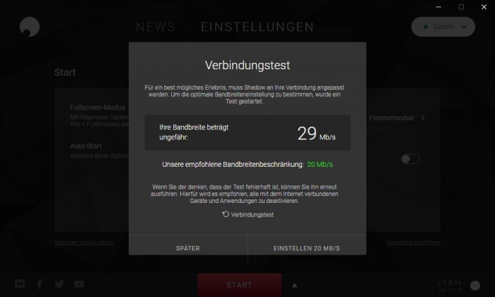 Der Verbindungstest gibt grünes Licht. (Bild: Shadow/Screenshot: Golem.de)