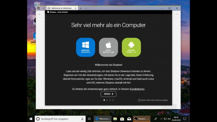Die App von Shadow begrüßt uns mit eine paar freundlichen Hinweisen. (Bild: Shadow/Screenshot: Golem.de)
