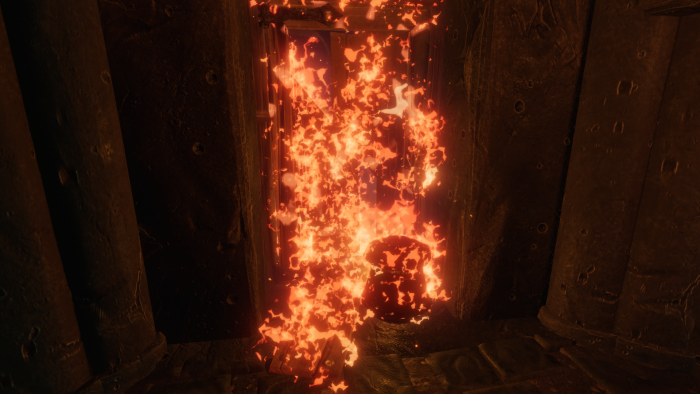 Mit Feuer zerstören wir eine Holztür und kommen weiter. (Bild: Otherside Entertainment/Screenshot: Golem.de)