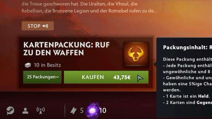 Wir haben im Test insgesamt 70 Euro f&uuml;r Artifact bezahlt und haben bei weitem nicht alle Karten des ersten Sets. (Bild: Valve/Screenshot Golem.de)