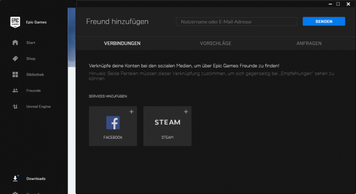 Die Anbindung an Facebook und Steam ist noch sehr rudimentär. (Bild: Epic Games/Screenshot: Golem.de)