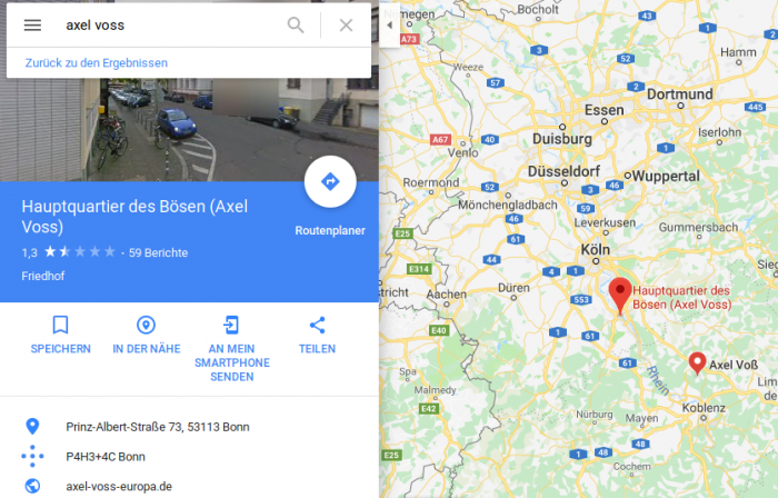 Das Internet protestiert nicht nur auf der Straße: Wer auf Google Maps nach Axel Voss sucht, landete zumindest zeitweilig beim "Hauptquartier des Bösen". (Google Maps/Screenshot: Golem.de)