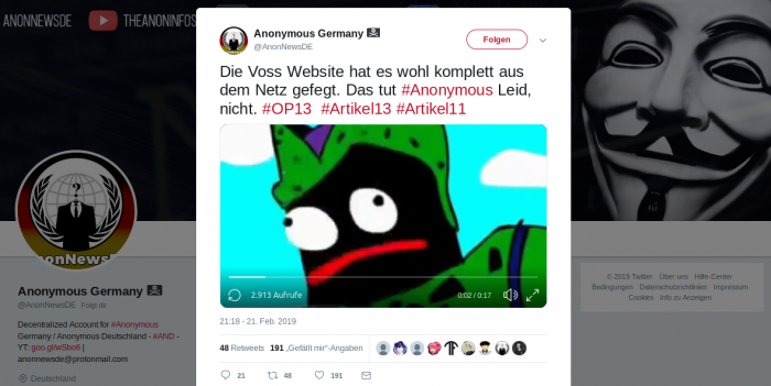 Tweet nach einem DDoS-Angriff auf die Website von Axel Voss (Twitter/Screenshot: Golem.de)
