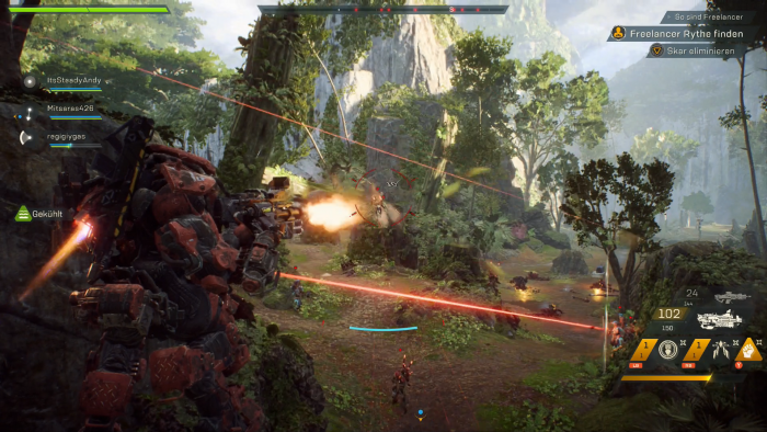 In einem Javelin vom Typ Colossus greifen wir die Soldaten des Dominion an. (Bild: EA/Screenshot: Golem.de)