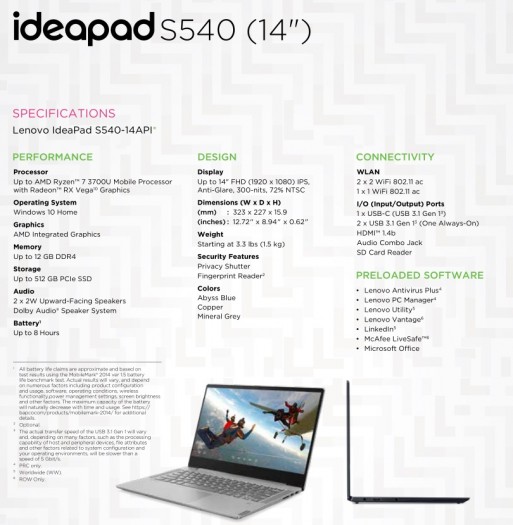 Daten des Ideapad S540 (Bild: Lenovo)