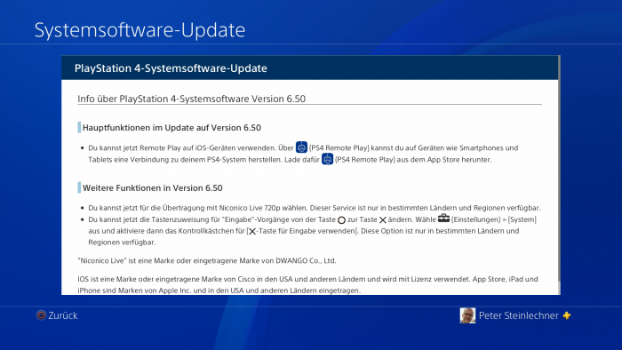Die Patch-Notizen der Firmware 6.5 f&uuml;r die Playstation 4. (Bild: Sony/Screenshot: Golem.de)