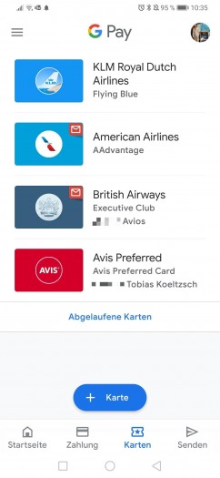 In der Kartenübersicht finden sich anschließend auch Kundenkarten, die Google Pay aus Gmail übernommen hat. (Screenshot: Golem.de)