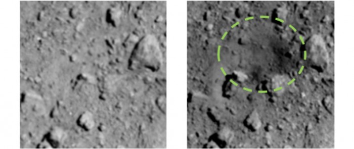 Aufnahmen der Sonde Hayabusa 2 zeigen einen neuen Krater nach dem Einschlag.