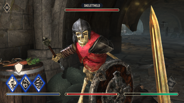Wir treffen auf Skelette mit Schild ...   (Bild: Bethesda, Screenshot: Golem.de)