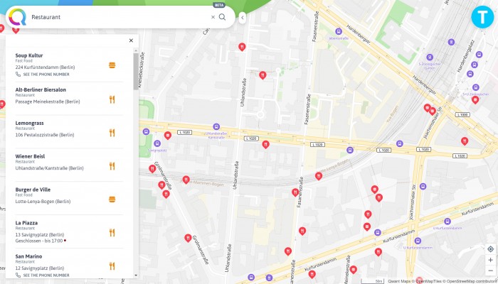 Mit Qwant Maps können Nutzer beispielsweise Nach Restaurants suchen. (Screenshot: Golem.de)