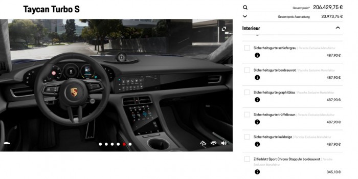Die Sicherheitsgurte gibt es in verschiedenen Farben - f&uuml;r einen saftigen Aufpreis. (Bild: Porsche/Screenshot: Golem.de)
