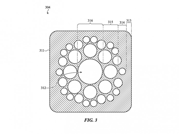 Apple hat verschiedene Muster für die Tasten vorgestellt: Die schraffierten Bereiche sind diejenigen mit höherer Reibung. (Bild: Apple/USPTO/Screenshot: Golem.de)