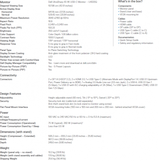 Datenblatt des Dell Ultrasharp 43 4K (Bild: Dell)