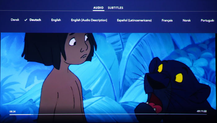 Disney+ in der niederländischen Version - Sprachauswahl für Untertitel für den Film Das Dschungelbuch auf einem Apple TV (Bild: Ingo Pakalski/Golem.de)