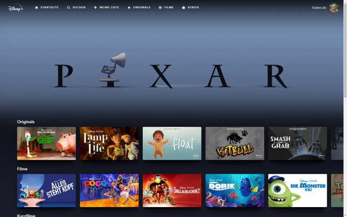 Pixar-Rubrik bei Disney+ (Bild: Disney+/Screenshot: Golem.de)