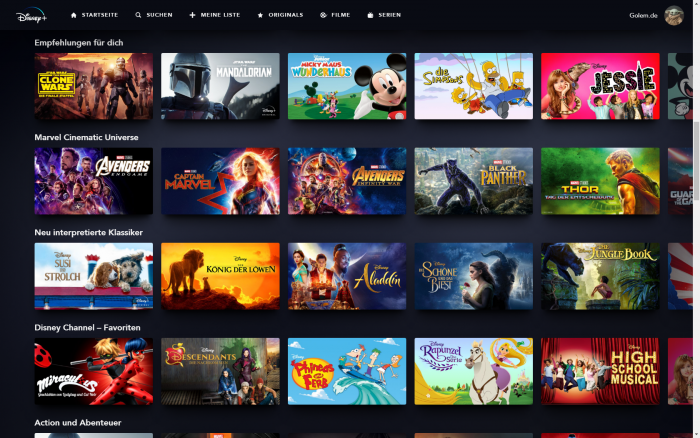Hauptbildschirm von Disney+ (Bild: Disney+/Screenshot: Golem.de)