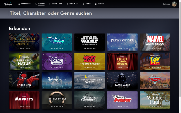 Die Kollektionen von Disney+ sind im Suchbereich integriert. (Bild: Disney+/Screenshot: Golem.de)