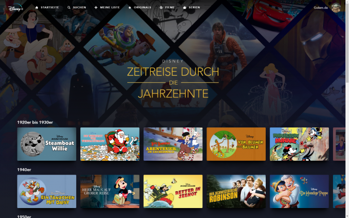 Inhalte von Disney+ nach Jahrzehnten sortiert - Filme und Serien munter gemischt (Bild: Disney+/Screenshot: Golem.de)