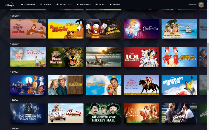Inhalte von Disney+ nach Jahrzehnten sortiert - Filme und Serien munter gemischt (Bild: Disney+/Screenshot: Golem.de)