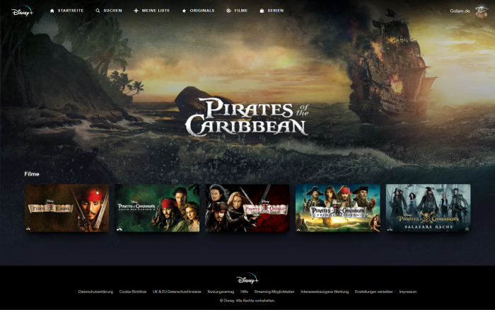 Kollektion für die Reihe Pirates of the Caribbean bei Disney+ (Bild: Disney+/Screenshot: Golem.de)