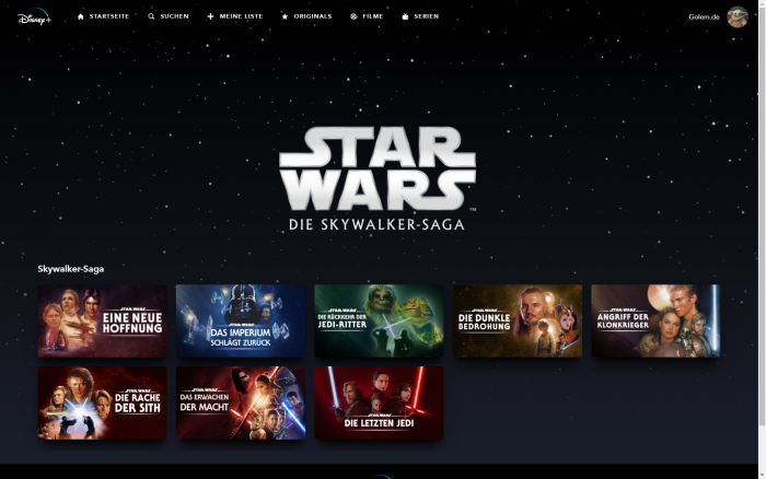 Kollektion für die Star-Wars-Filme bei Disney+ (Bild: Disney+/Screenshot: Golem.de)