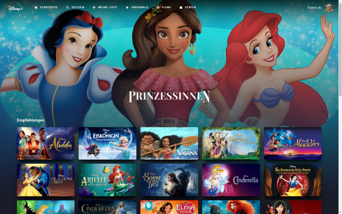 Kollektionen rund um Prinzessinnen bei Disney+ (Bild: Disney+/Screenshot: Golem.de)