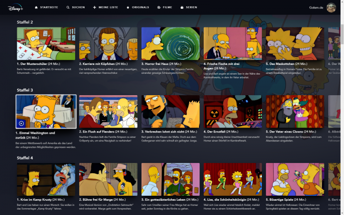 Die erste Folge der dritten Staffel der Simpsons fehlt, Disney+ fängt mit der zweiten Folge an. (Bild: Disney+/Screenshot: Golem.de)