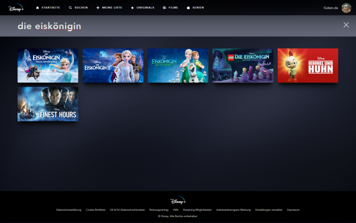 In der Suche von Disney+ ist nicht erkennbar, dass Die Eiskönigin 2 noch nicht angeschaut werden kann. (Bild: Disney+/Screenshot: Golem.de)