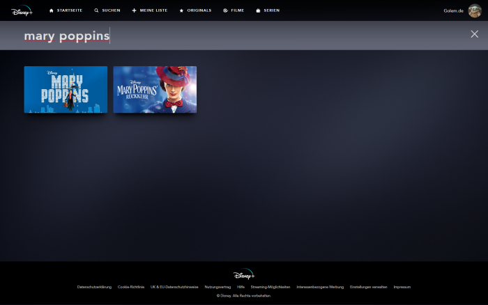 In der Suche von Disney+ ist nicht erkennbar, dass Mary Poppins&#039; Rückkehr noch nicht angeschaut werden kann. (Bild: Disney+/Screenshot: Golem.de)