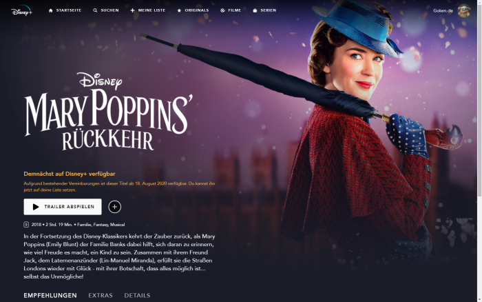 Mary Poppins&#039; Rückkehr kommt erst im August 2020 zu Disney+. (Bild: Disney+/Screenshot: Gol