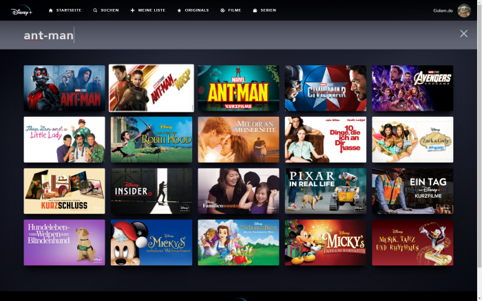 In der Suche von Disney+ ist nicht erkennbar, dass Ant-Man and the Wasp noch nicht angeschaut werden kann. (Bild: Disney+/Screenshot: Golem.de)