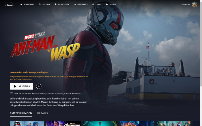 Ant-Man and the Wasp kommt noch im März 2020 zu Disney+. (Bild: Disney+/Screenshot: Golem.de)