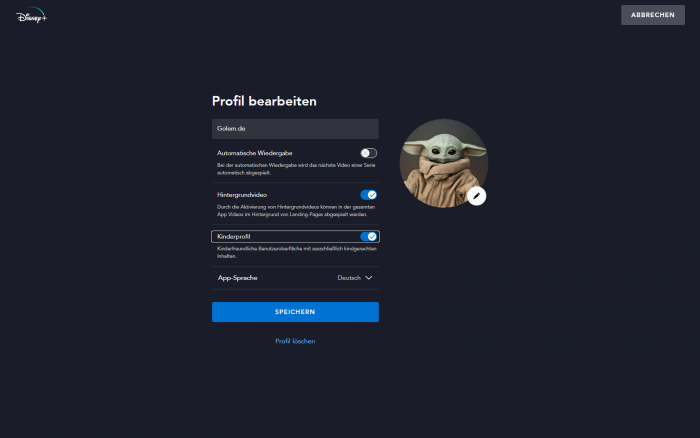 Das Kinderprofil kann ohne PIN-Eingabe geändert werden. (Bild: Disney+/Screenshot: Golem.de)