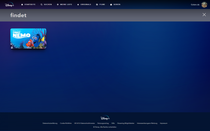 In Kinderprofil gibt es Findet Nemo, aber nicht Findet Dorie. (Bild: Disney+/Screenshot: Golem.de)