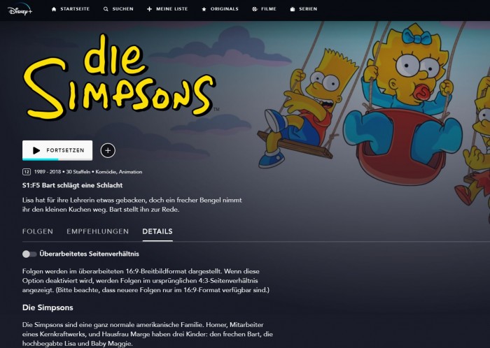 Seit dem 28. Mai 2020 gibt es für die Simpsons bei Disney+ einen Schalter, um zwischen den Formaten 4:3 und 16:9 umschalten zu können. (Bild: Disney+/Screenshot: Golem.de)