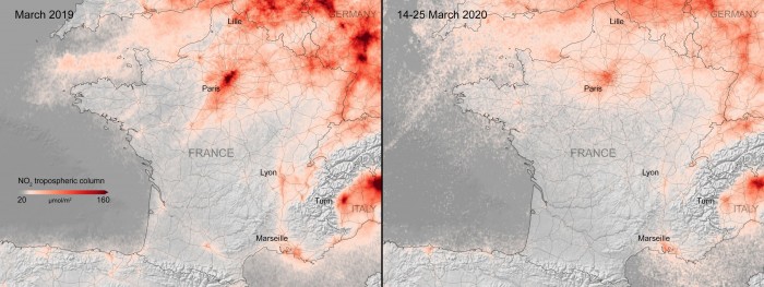 Vergleich der Stickoxidemissionen über Frankreich, Belgien und Westdeutschland  zwischen März 2019 und März 2020 (Bild: Esa)