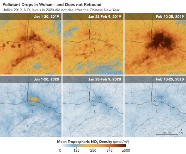 Ein Vergleich der Emissionen in der Region um Wuhan zwischen 2019 und 2020 (Bild: Nasa)