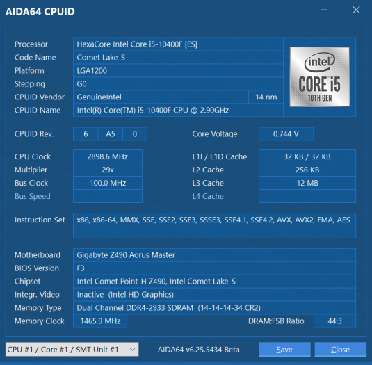 CPUID des Core i5-10400F als G0-Stepping, weil Qualification Sample (Screenshot: Golem.de)