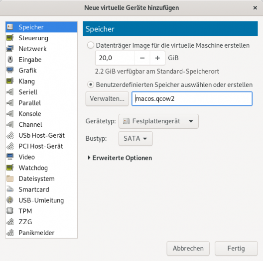 Im Virt-Manager müssen wir noch  unser virtuelles Speichermedium ergänzen. (Screenshot: Golem.de)