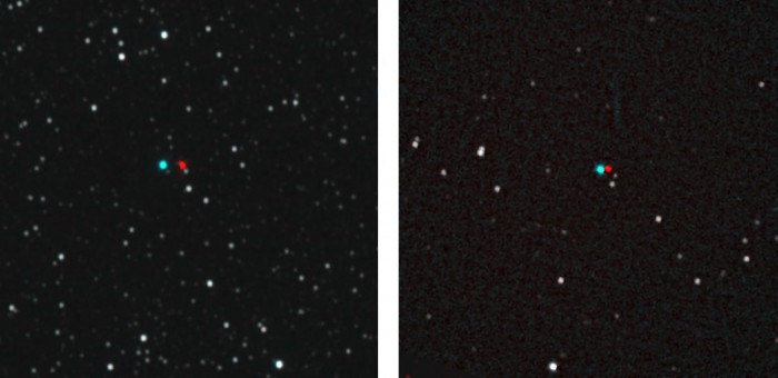 Bilder von irdischen  Teleskopen und New Horizons, übereinander gelegt. Das linke zeigt Proxima Centauri, das rechte Wolf 359. Die Bilder sind für die Betrachtung mit einer Rot-Grün-Brille gedacht. (Bild: Nasa)