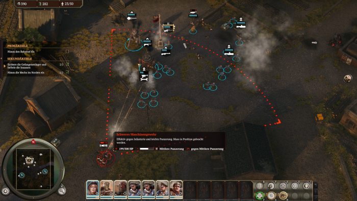 Die Linien zeigen den Schussbereich etwa des MG-Nests an. (Bild: King Art Games/Screenshot: Golem.de)