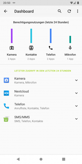 Das Datenschutz-Dashboard zeigt von Apps genutzte Berechtigungen. (Screenshot: Golem.de)