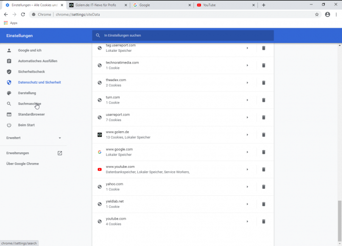 Verschiedene Webseiten, darunter Youtube.com und Google.com, hinterlegen Cookies und Webseitendaten im Browser. (Screenshot: Golem.de)