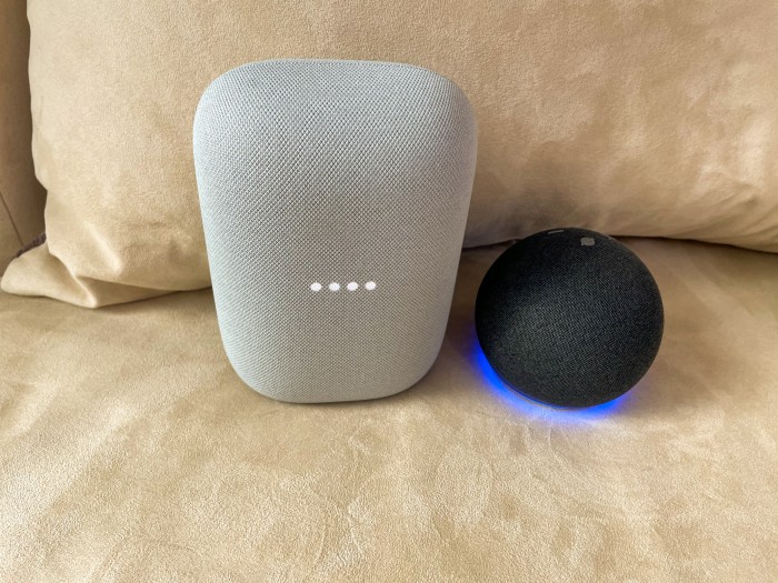 Nest Audio und Echo Dot 4 lauschen gerade. (Bild: Ingo Pakalski/Golem.de)